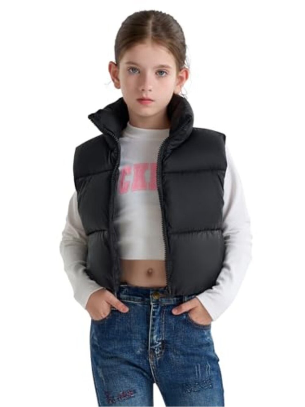 Girls Faux Down Puffer Vest Water Resistant Cropped Hooded Sleeveless Jacket